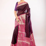 Dark Purple Organza Saree with All - Over Gold Zari Boota and Pink Contrasting Border - Anvi Couture