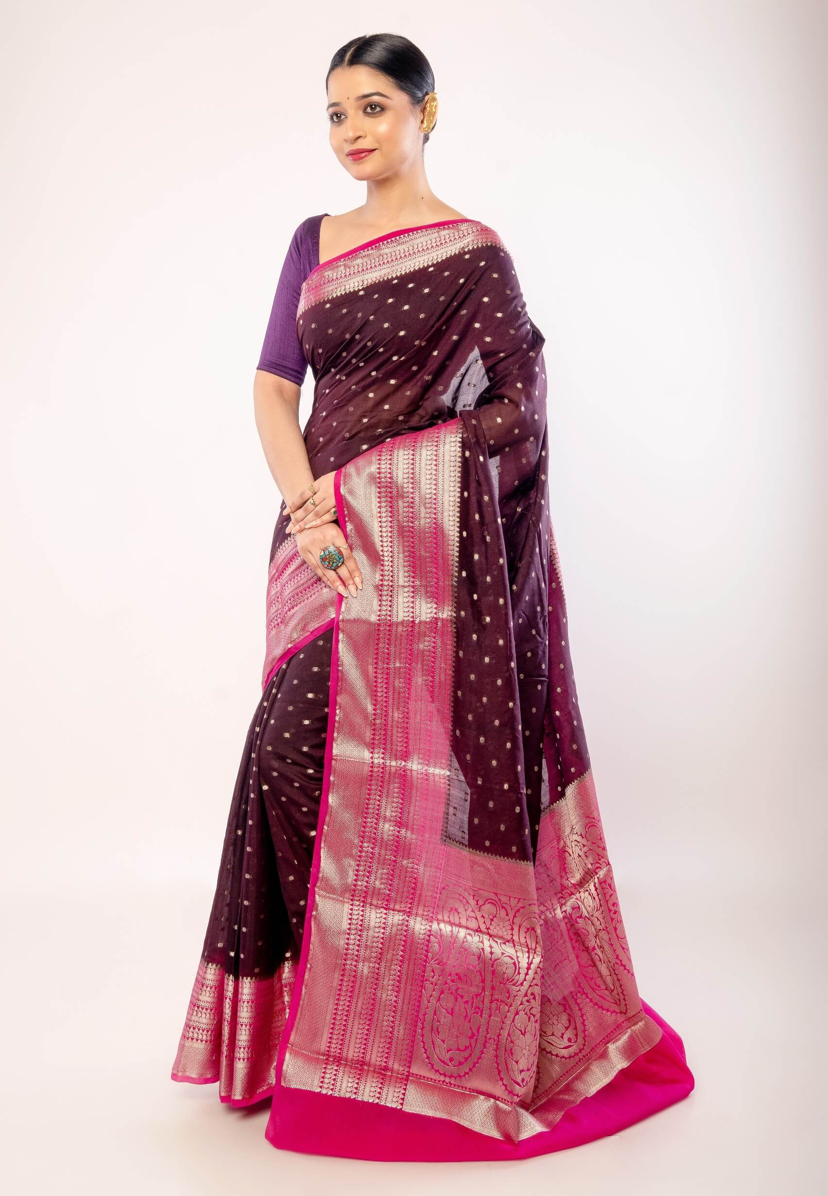 Dark Purple Organza Saree with All - Over Gold Zari Boota and Pink Contrasting Border - Anvi Couture