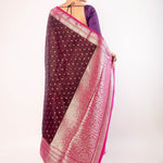 Dark Purple Organza Saree with All - Over Gold Zari Boota and Pink Contrasting Border - Anvi Couture