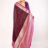 Dark Purple Organza Saree with All - Over Gold Zari Boota and Pink Contrasting Border - Anvi Couture