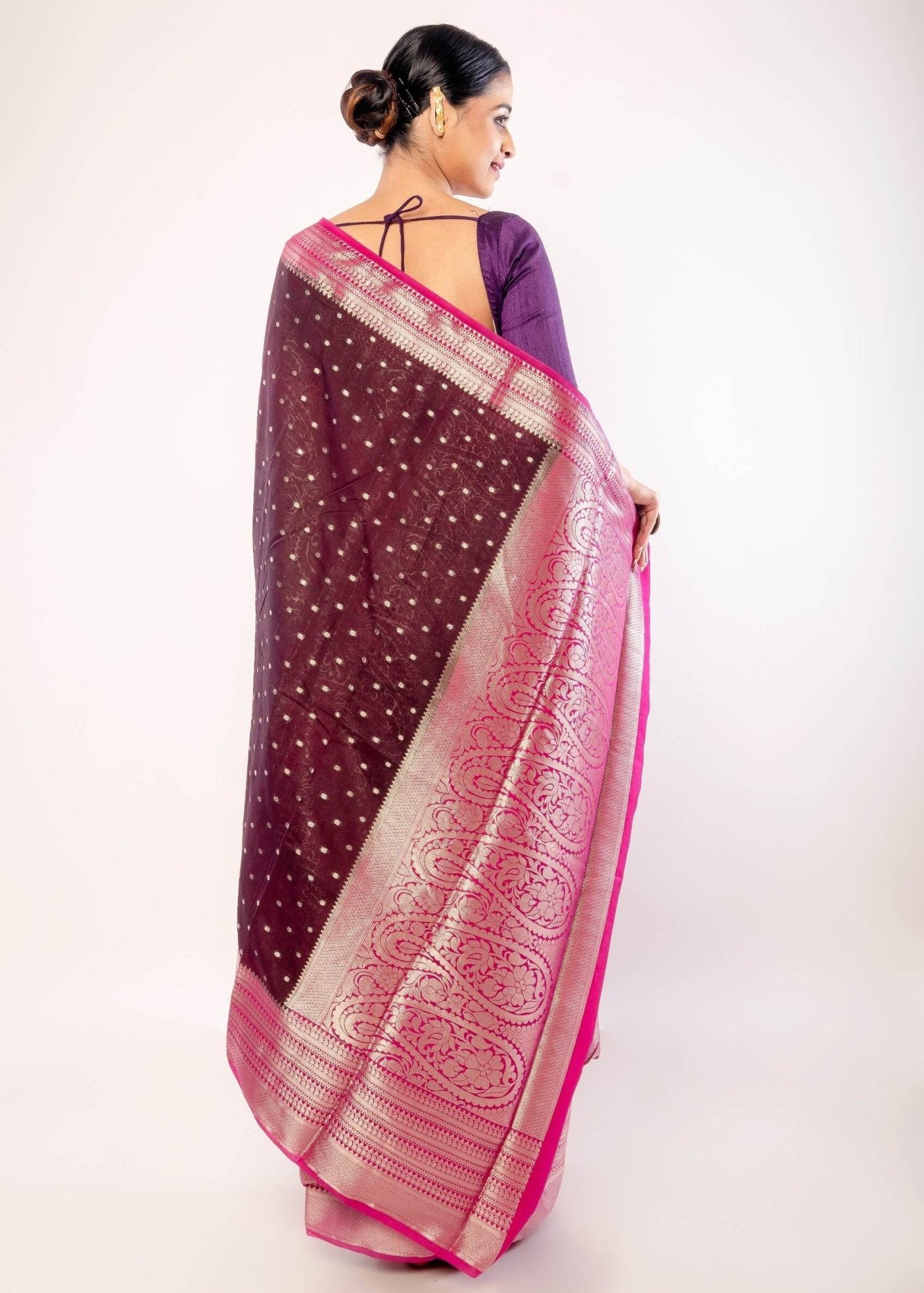Dark Purple Organza Saree with All - Over Gold Zari Boota and Pink Contrasting Border - Anvi Couture