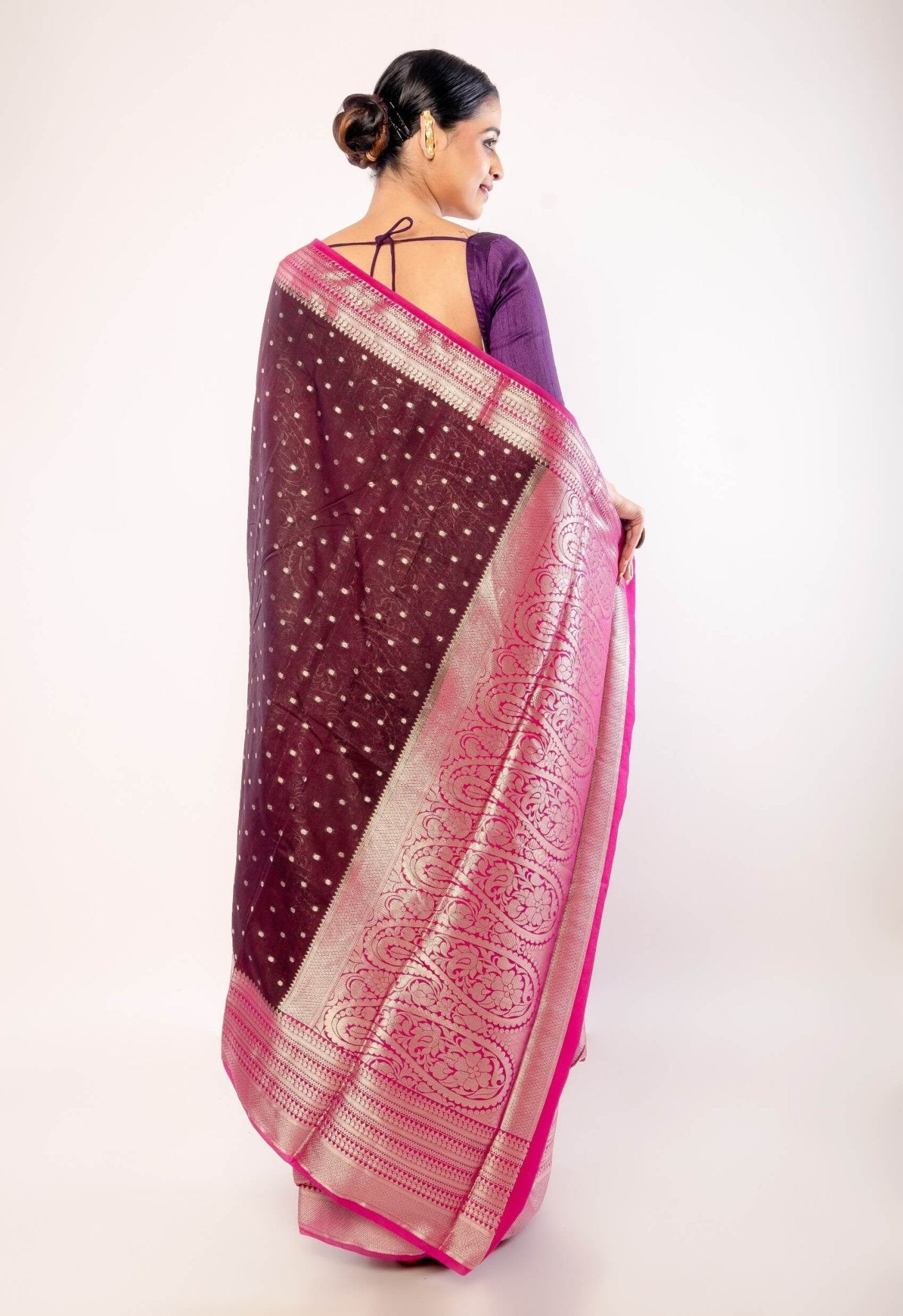 Dark Purple Organza Saree with All - Over Gold Zari Boota and Pink Contrasting Border - Anvi Couture