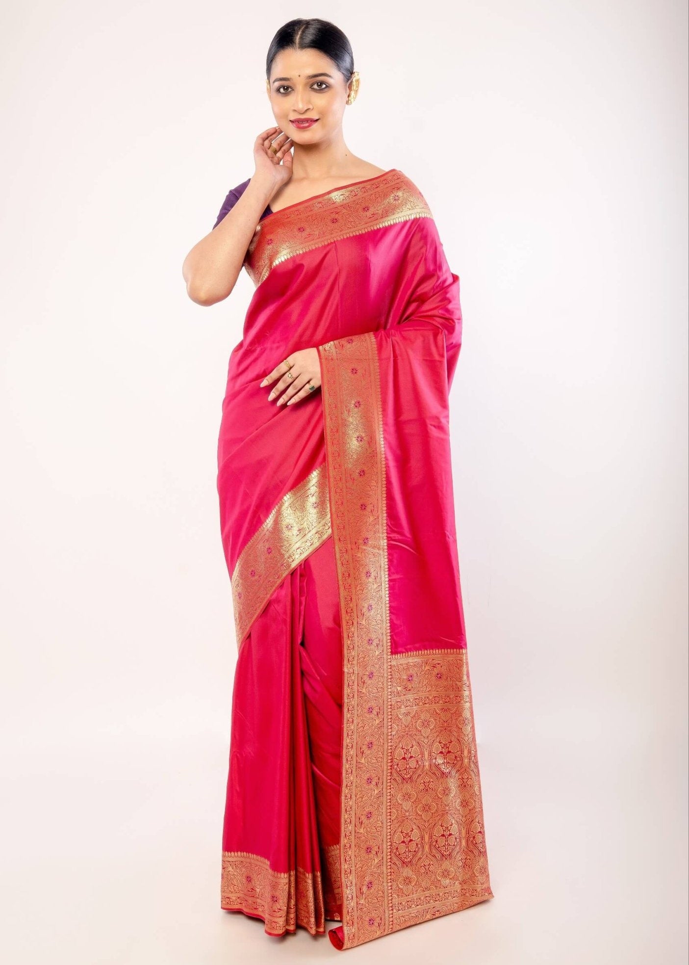 Pink Art silk Saree with Contrasting Gold Zari Border - Anvi Couture