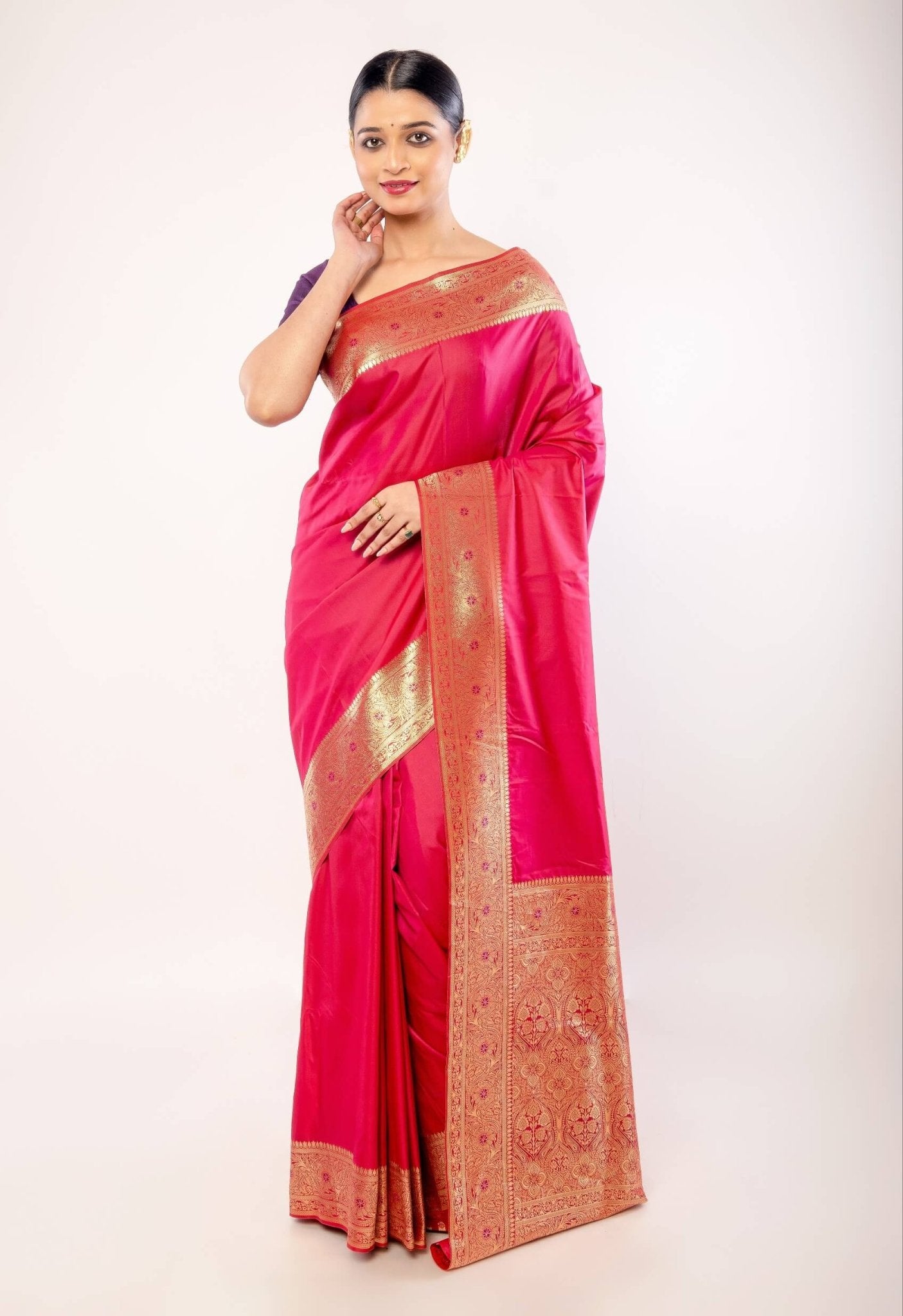 Pink Art silk Saree with Contrasting Gold Zari Border - Anvi Couture