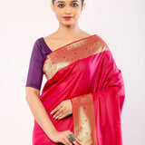 Pink Art silk Saree with Contrasting Gold Zari Border - Anvi Couture