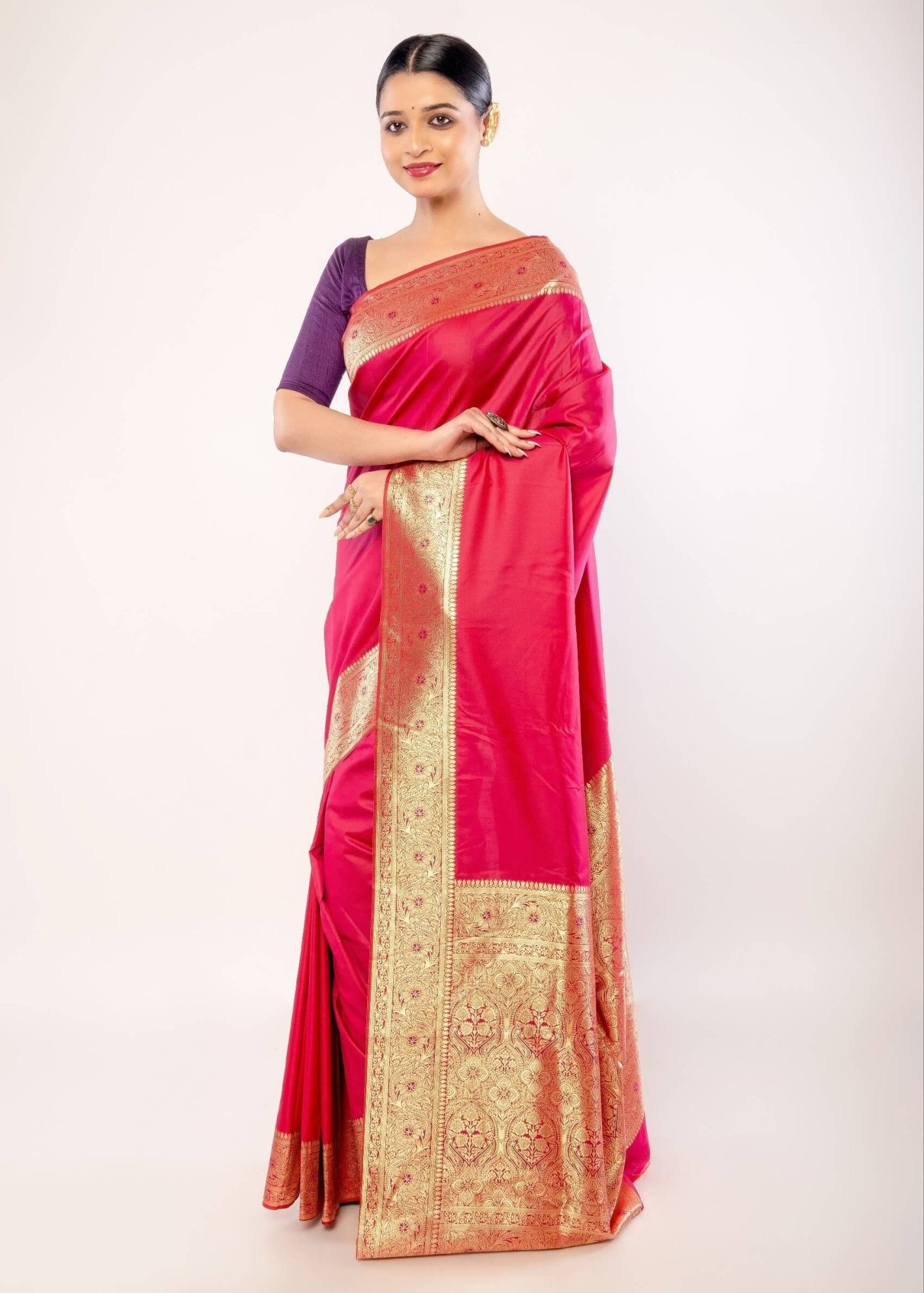 Pink Art silk Saree with Contrasting Gold Zari Border - Anvi Couture