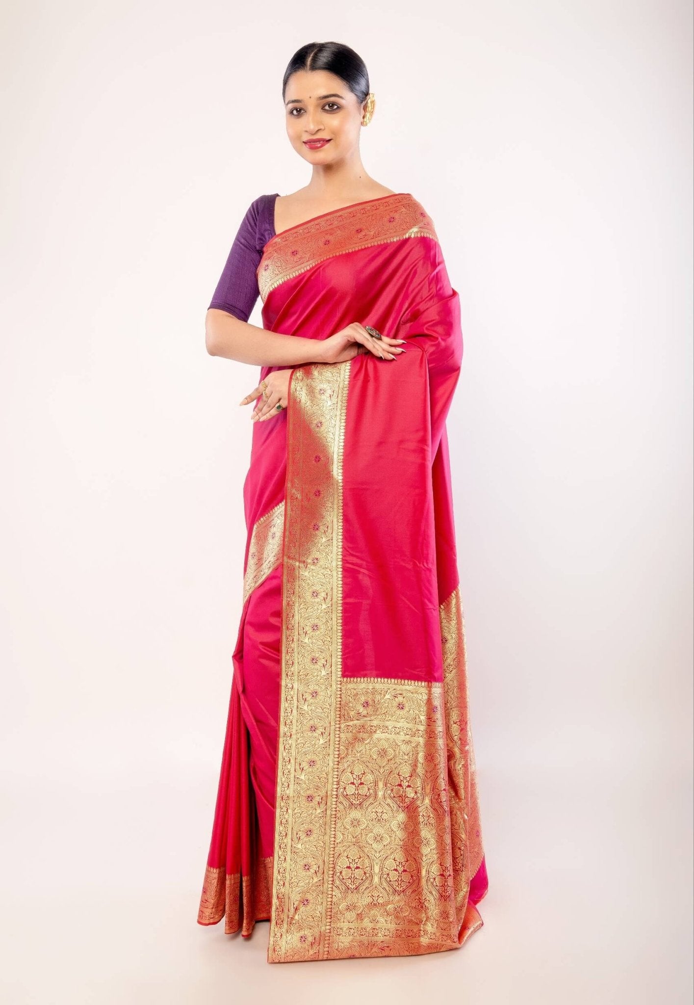 Pink Art silk Saree with Contrasting Gold Zari Border - Anvi Couture