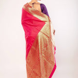 Pink Art silk Saree with Contrasting Gold Zari Border - Anvi Couture
