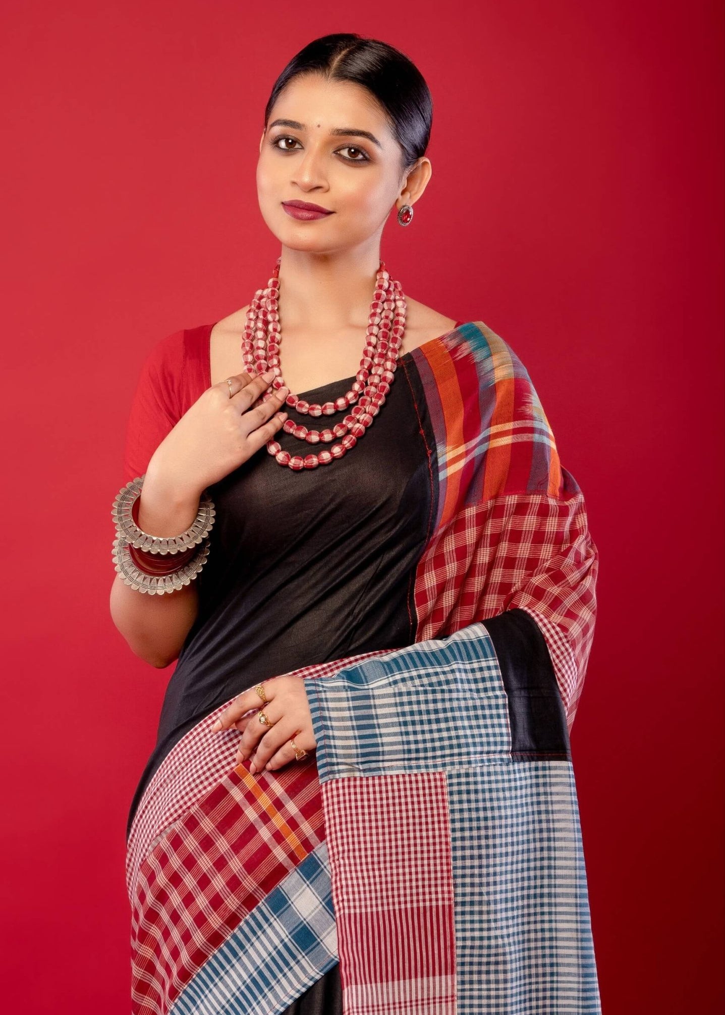 Black Multicolored Pure Cotton Gamcha Saree - Anvi Couture