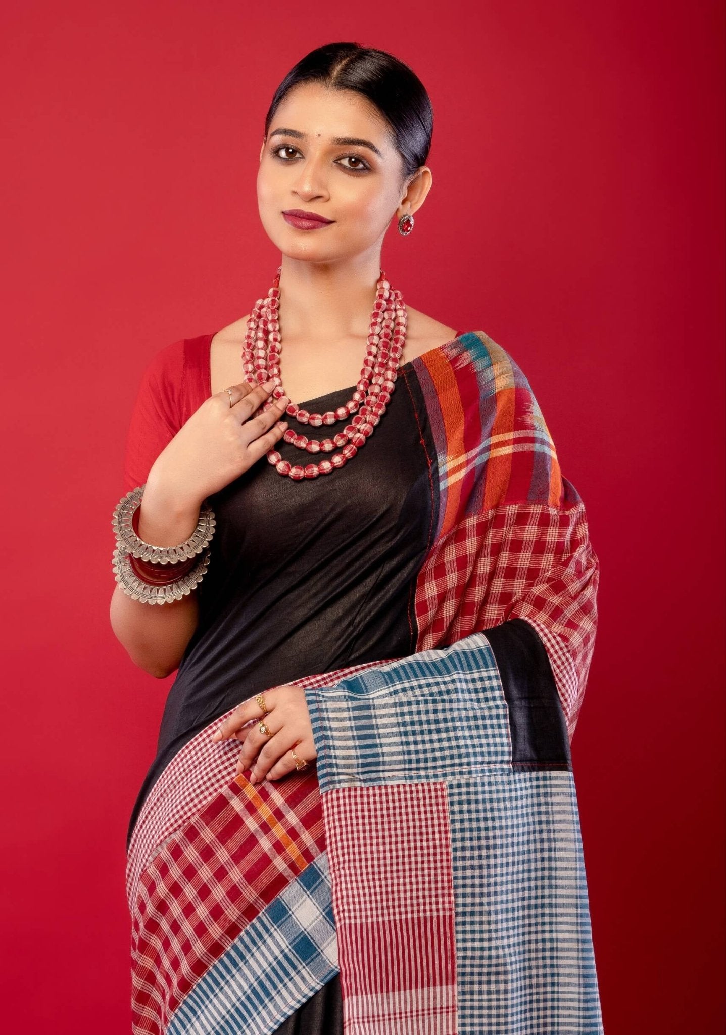 Black Multicolored Pure Cotton Gamcha Saree - Anvi Couture