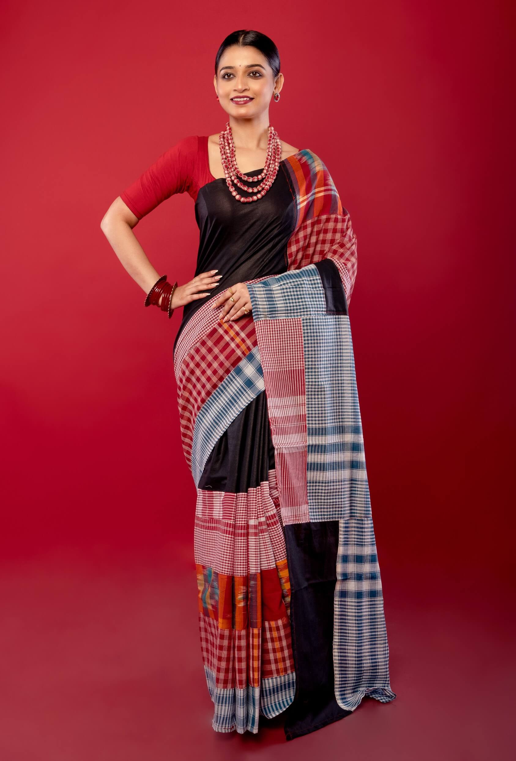 Black Multicolored Pure Cotton Gamcha Saree - Anvi Couture