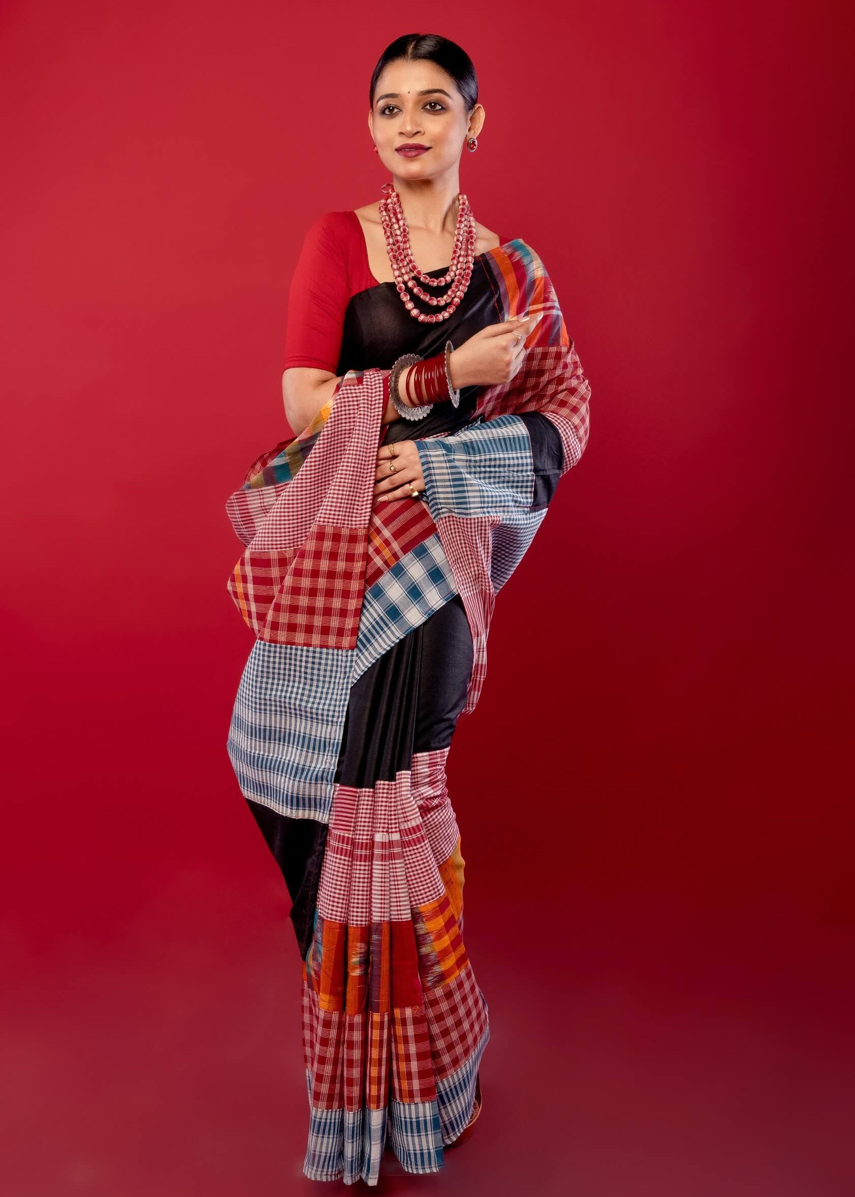 Black Multicolored Pure Cotton Gamcha Saree - Anvi Couture