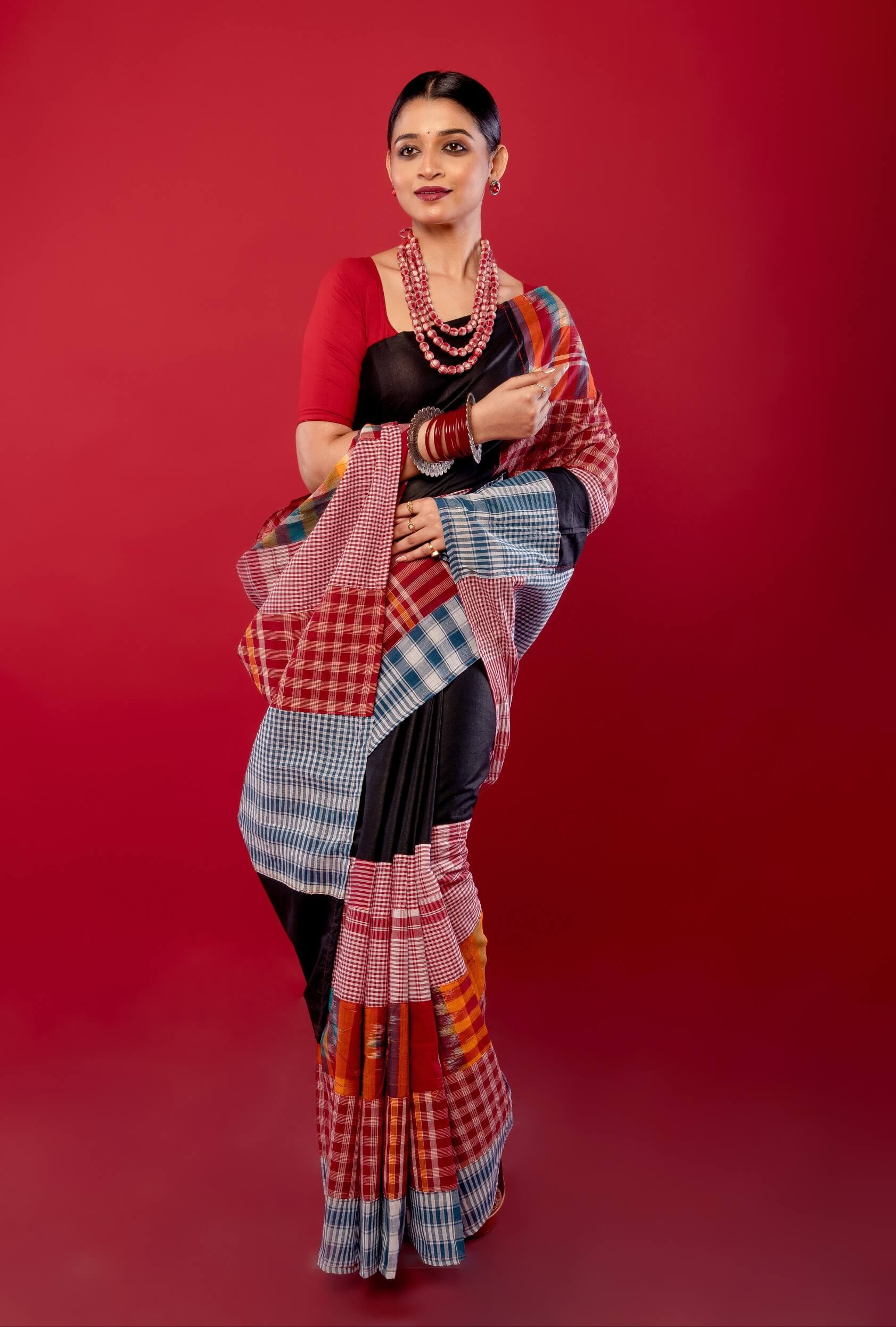 Black Multicolored Pure Cotton Gamcha Saree - Anvi Couture