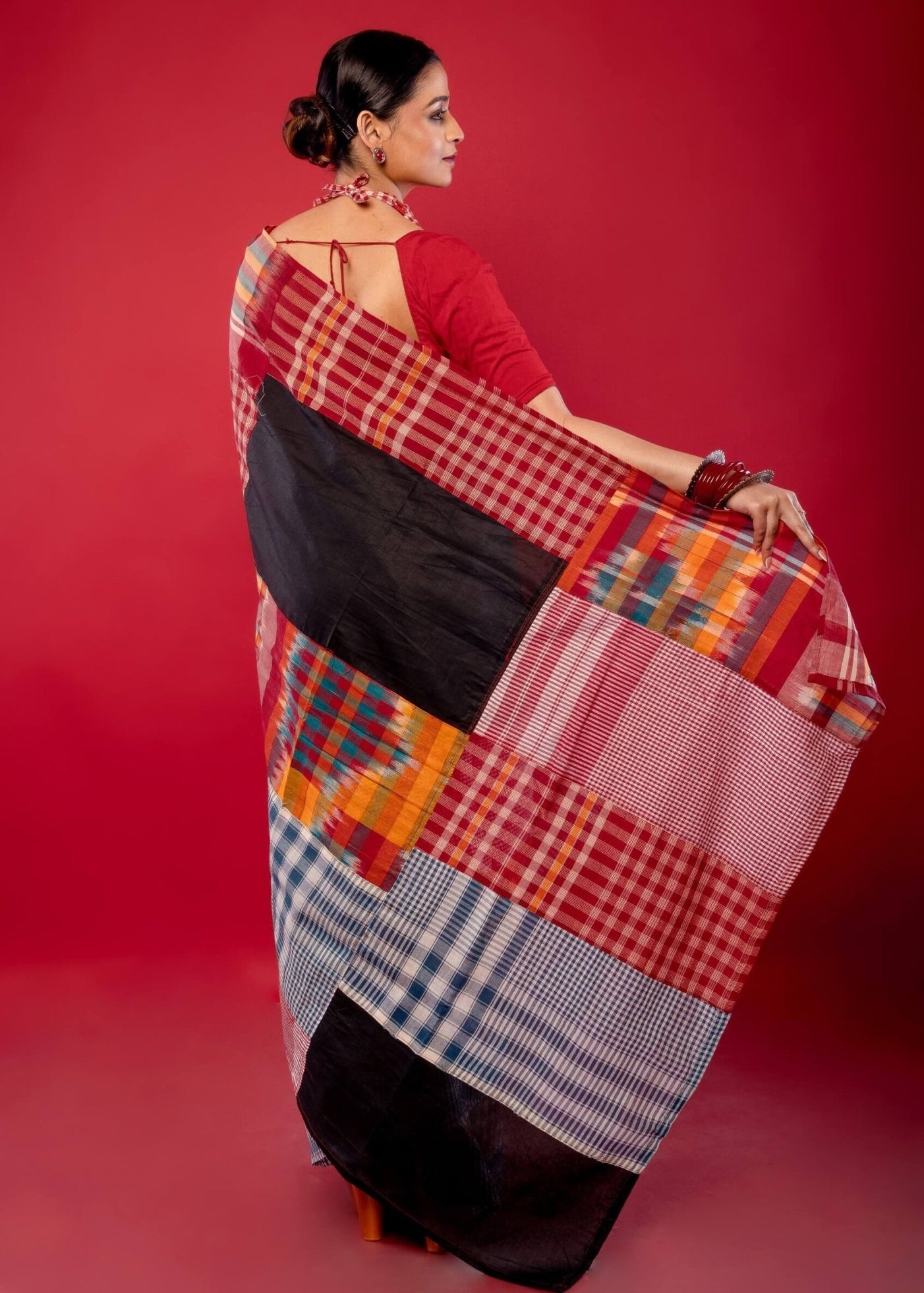 Black Multicolored Pure Cotton Gamcha Saree - Anvi Couture