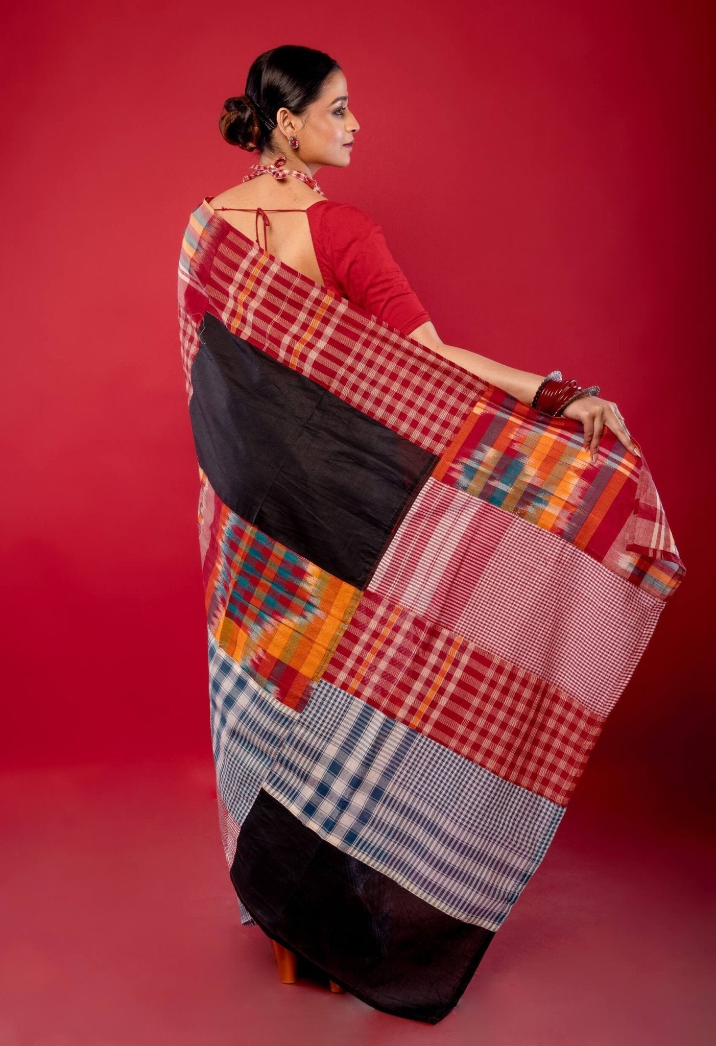 Black Multicolored Pure Cotton Gamcha Saree - Anvi Couture