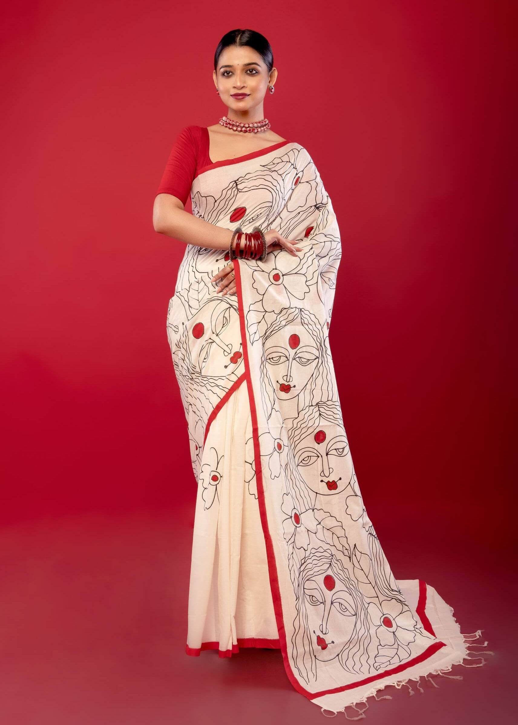 White Cotton Handloom Printed Saree - Anvi Couture