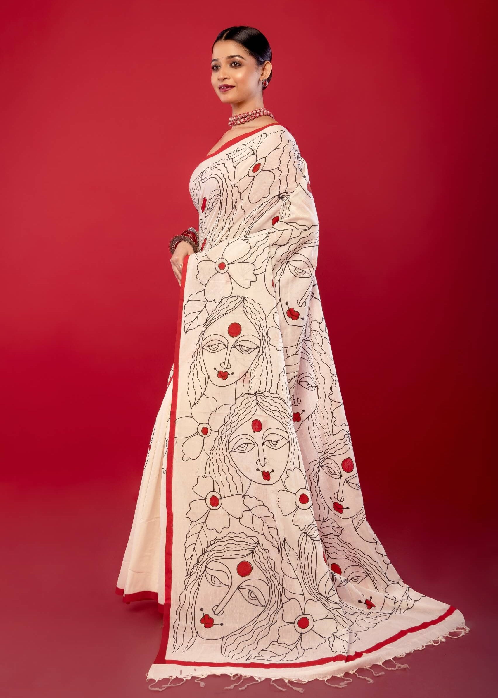 White Cotton Handloom Printed Saree - Anvi Couture