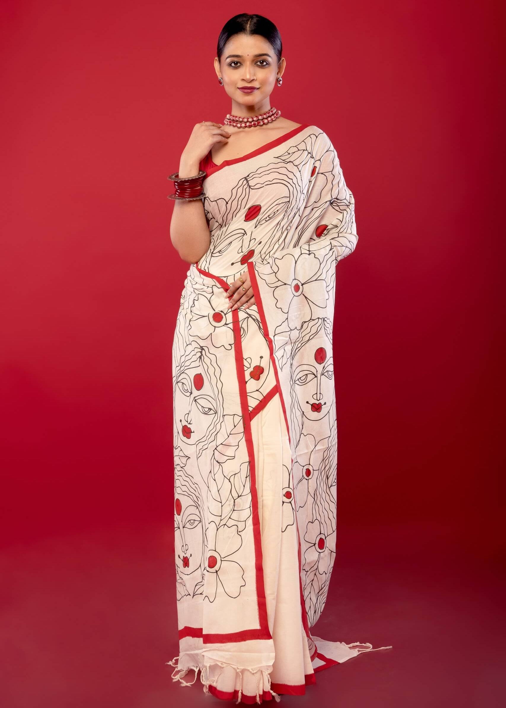 White Cotton Handloom Printed Saree - Anvi Couture