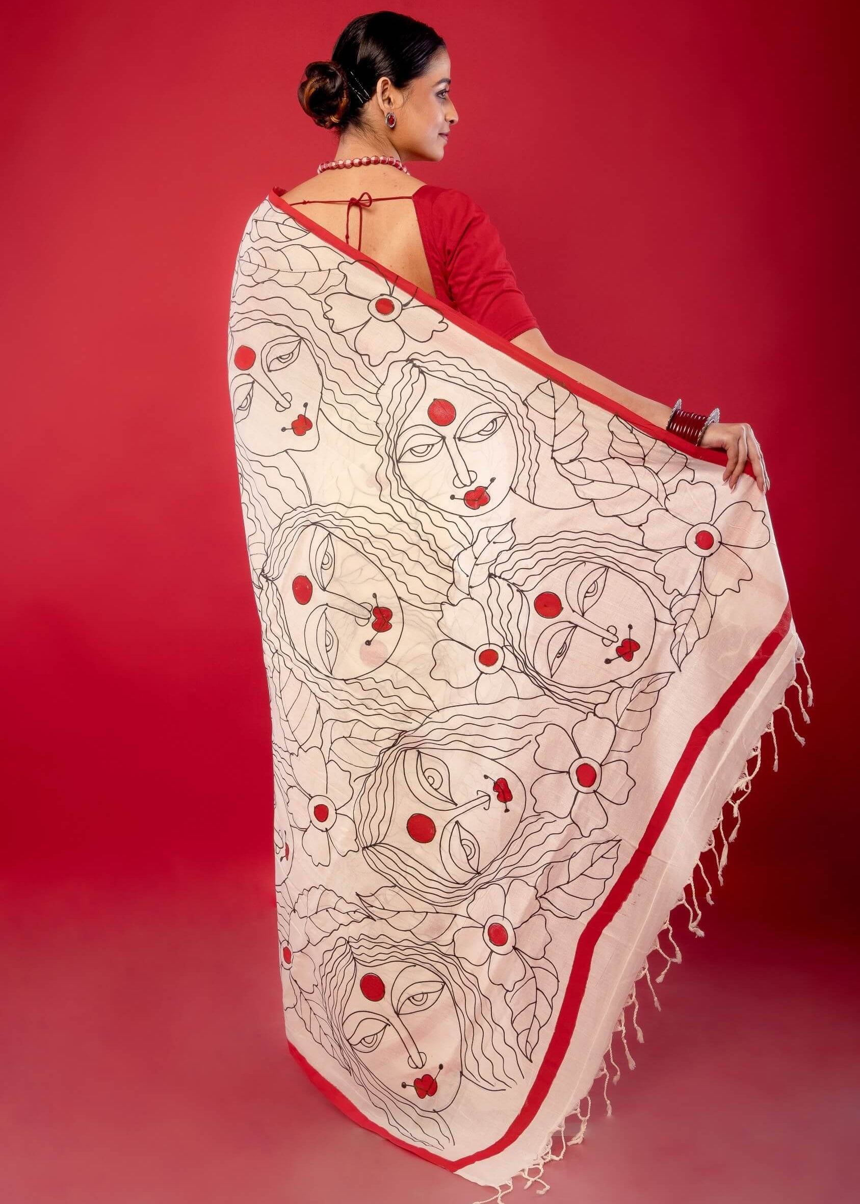 White Cotton Handloom Printed Saree - Anvi Couture