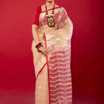 Off White Red Muslin Silk Pure Handloom Jamdani Saree - Anvi Couture