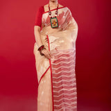 Off White Red Muslin Silk Pure Handloom Jamdani Saree - Anvi Couture