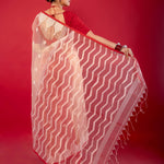 Off White Red Muslin Silk Pure Handloom Jamdani Saree - Anvi Couture