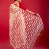 Off White Red Muslin Silk Pure Handloom Jamdani Saree - Anvi Couture
