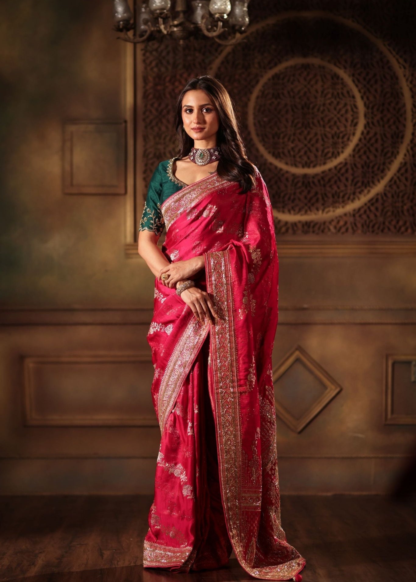 Pink Bridal Banarasi Mashru Silk Saree With Hand Embroidered Work - Anvi Couture