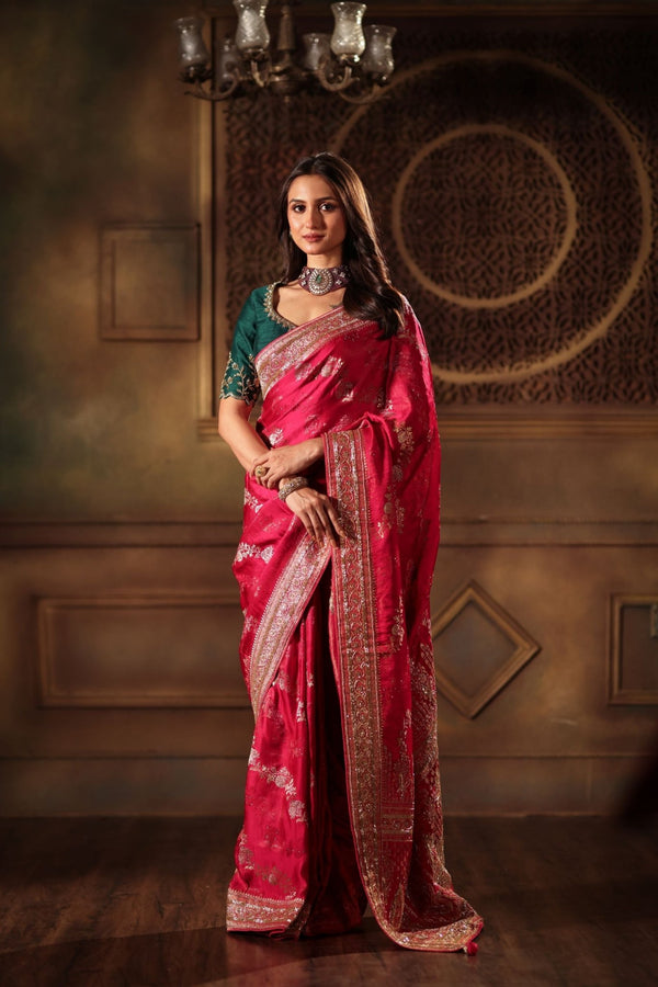 Pink Bridal Banarasi Mashru Silk Saree With Hand Embroidered Work - Anvi Couture