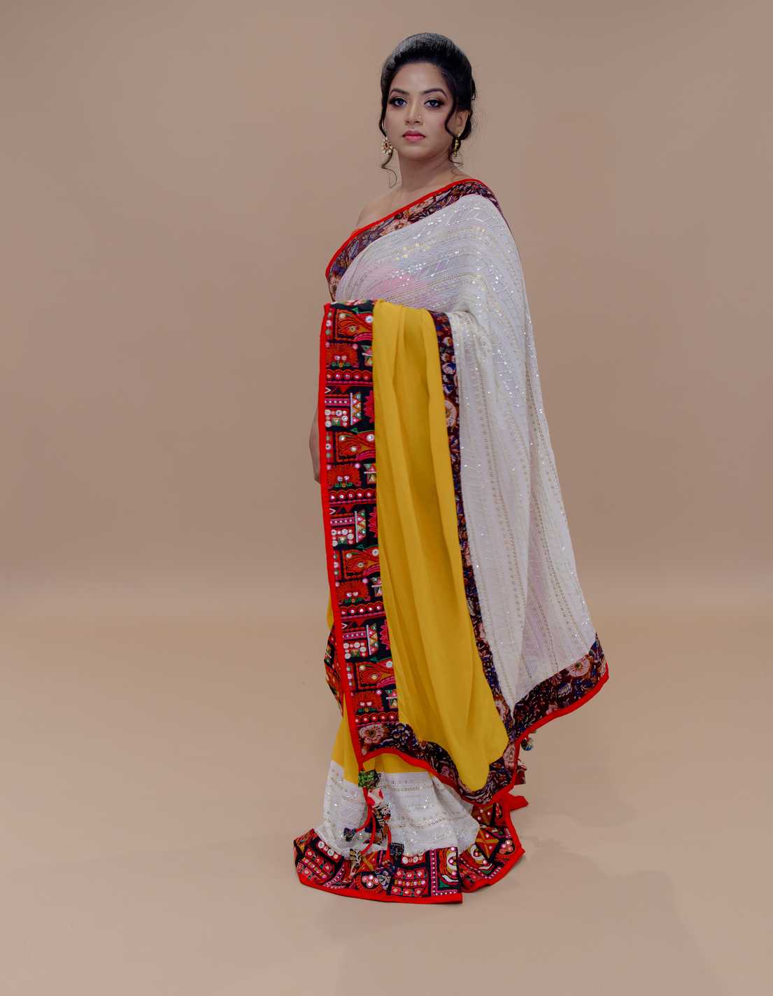 White and Yellow Pure Georgette Designer Saree with painted border - Anvi Couture