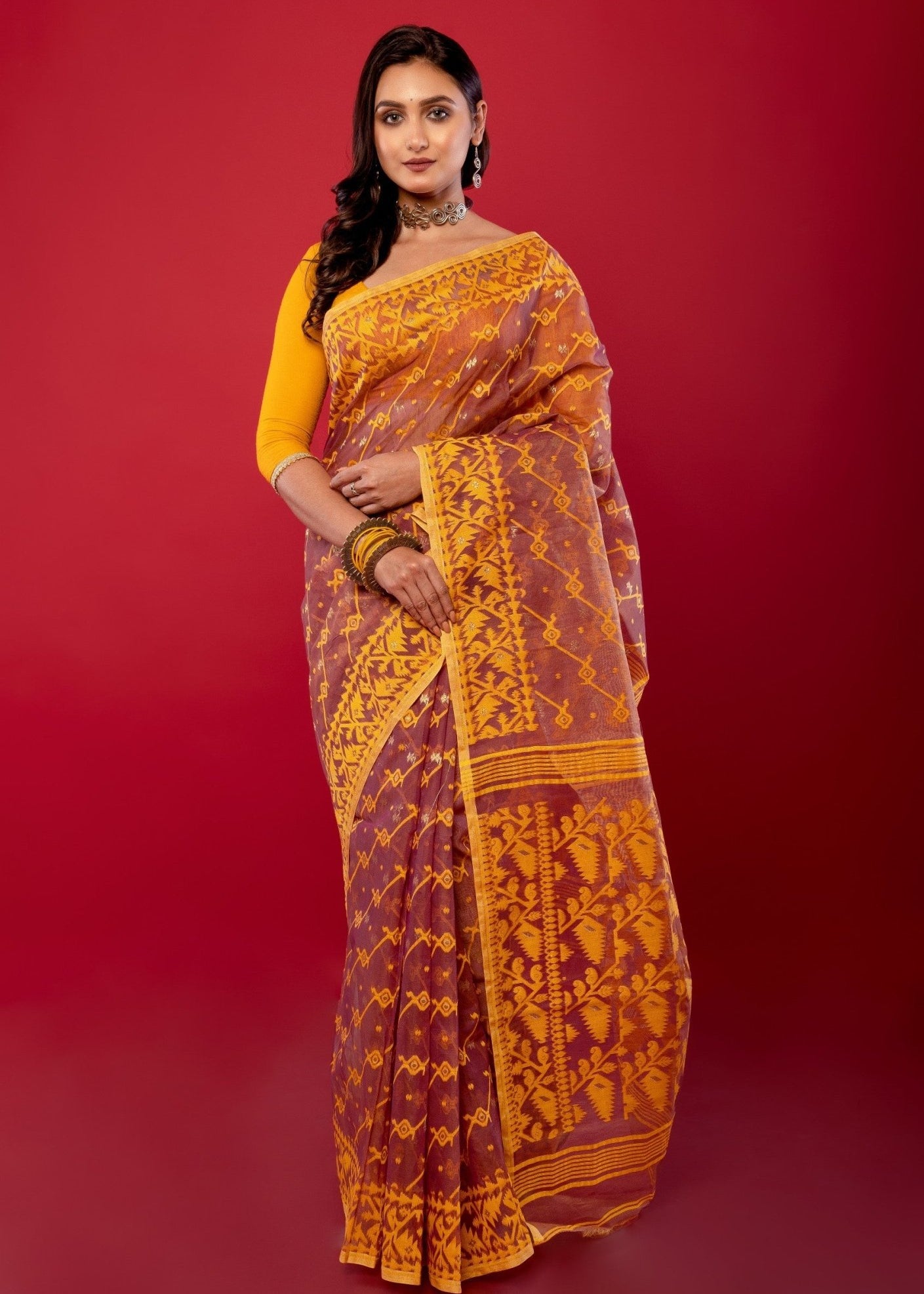 Peach and Yellow Original Bangladeshi Dhakai Jamdani Saree - Anvi Couture