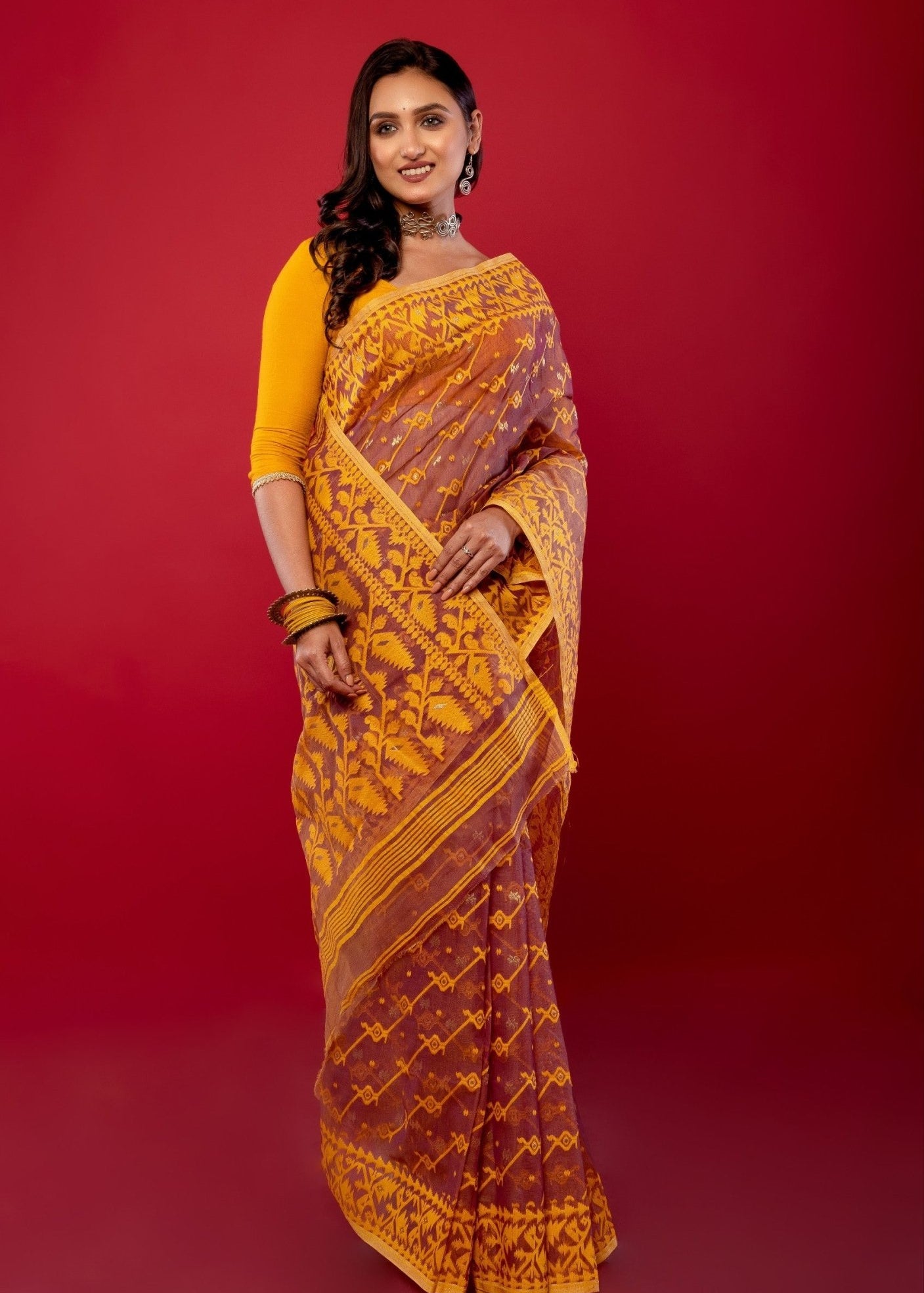 Peach and Yellow Original Bangladeshi Dhakai Jamdani Saree - Anvi Couture