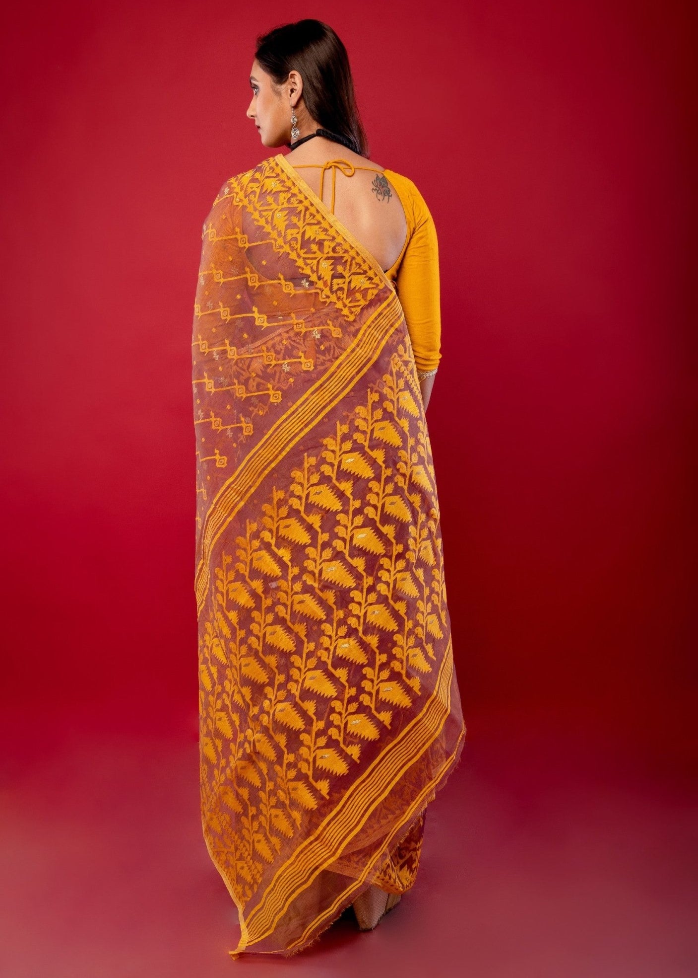 Peach and Yellow Original Bangladeshi Dhakai Jamdani Saree - Anvi Couture