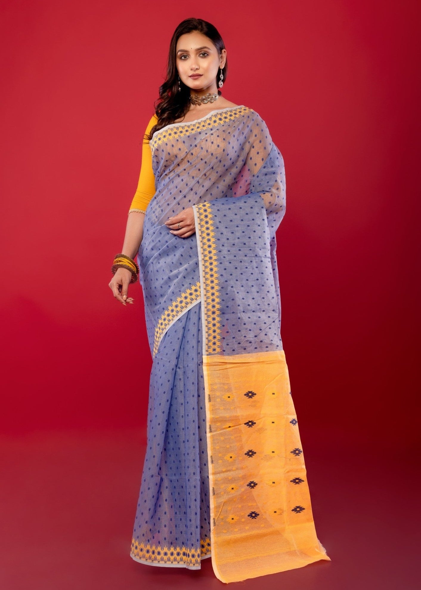Blue and Yellow Original Bangladeshi Dhakai Jamdani Cotton Saree - Anvi Couture