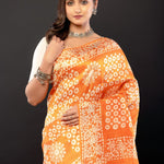 Orange and White Pure Batik Print Silk Saree - Anvi Couture