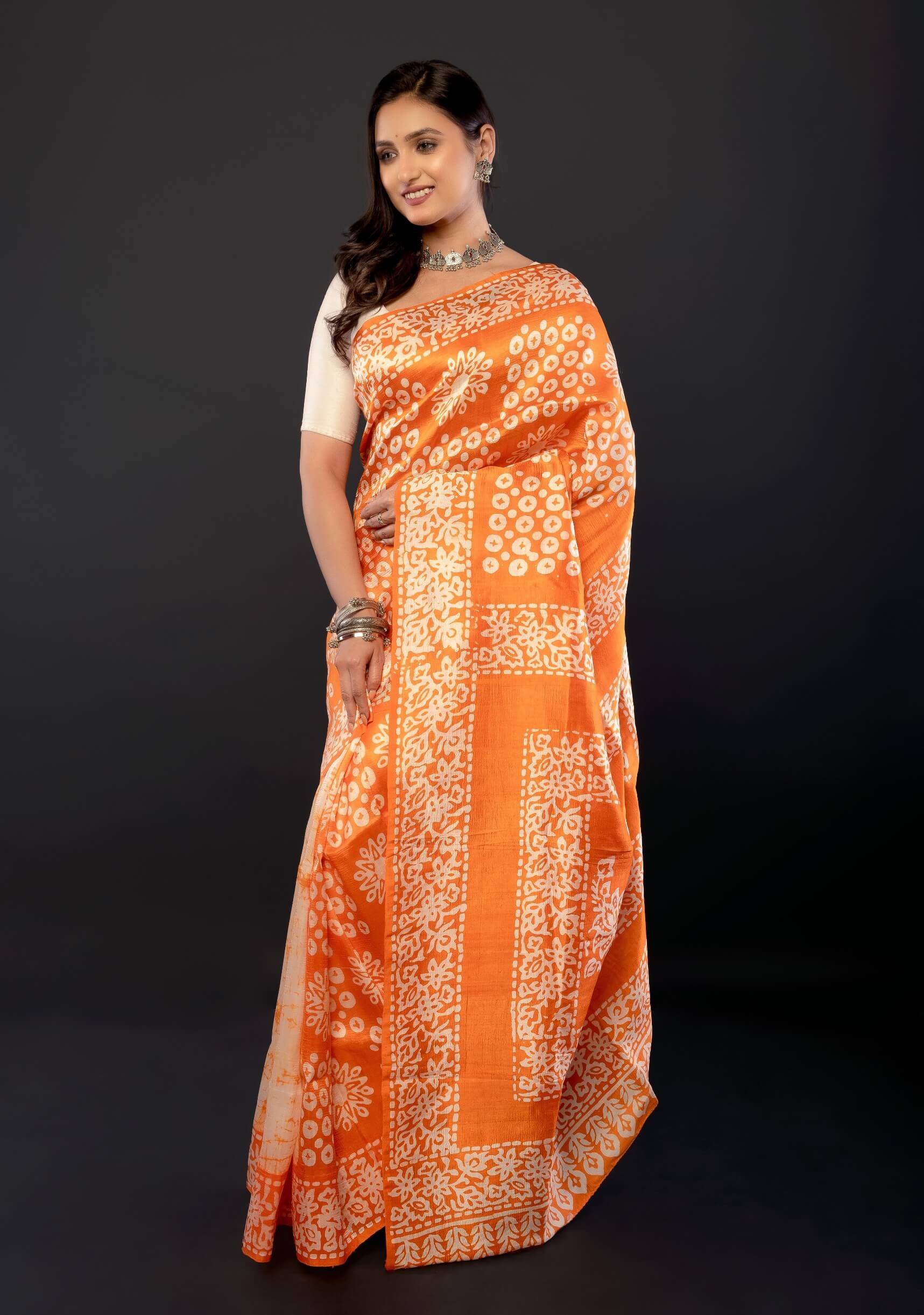 Orange and White Pure Batik Print Silk Saree - Anvi Couture
