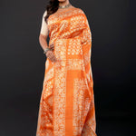 Orange and White Pure Batik Print Silk Saree - Anvi Couture