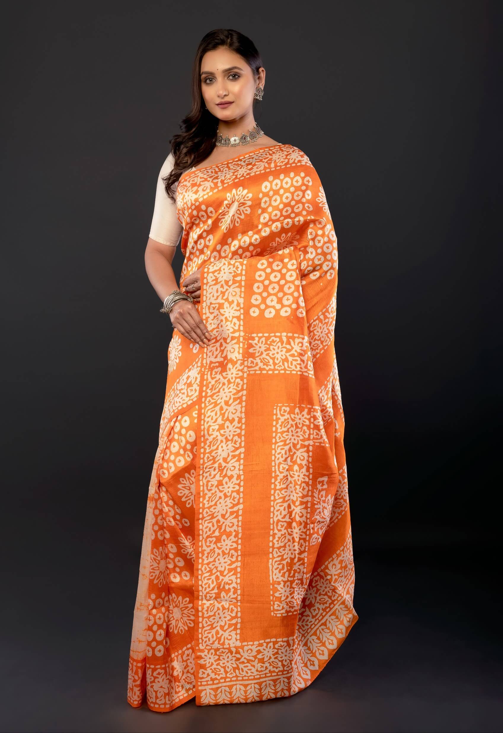Orange and White Pure Batik Print Silk Saree - Anvi Couture