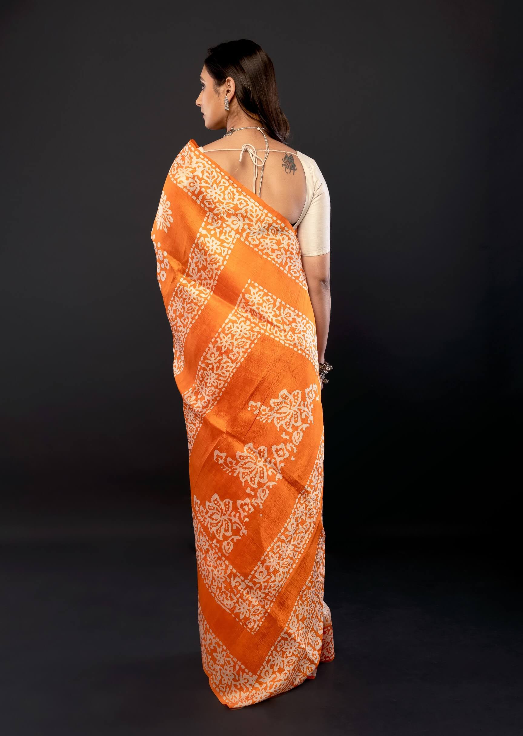Orange and White Pure Batik Print Silk Saree - Anvi Couture
