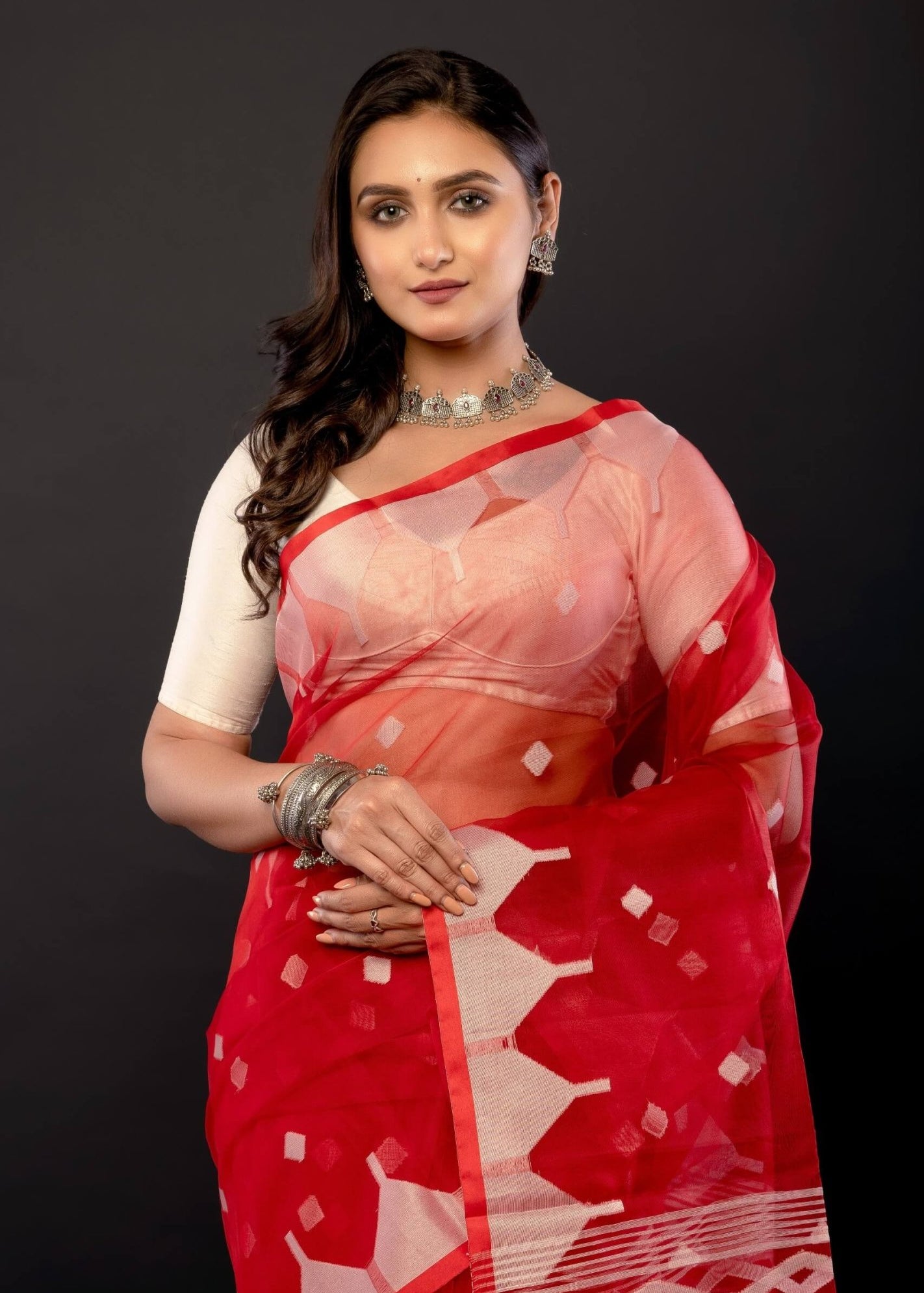 Red Handloom Muslin Jamdani Saree with All Over Boota and Contrasting White Temple Border - Anvi Couture