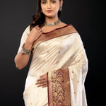 White Pure Katan Silk Saree with Contrasting Border - Anvi Couture