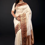 White Pure Katan Silk Saree with Contrasting Border - Anvi Couture