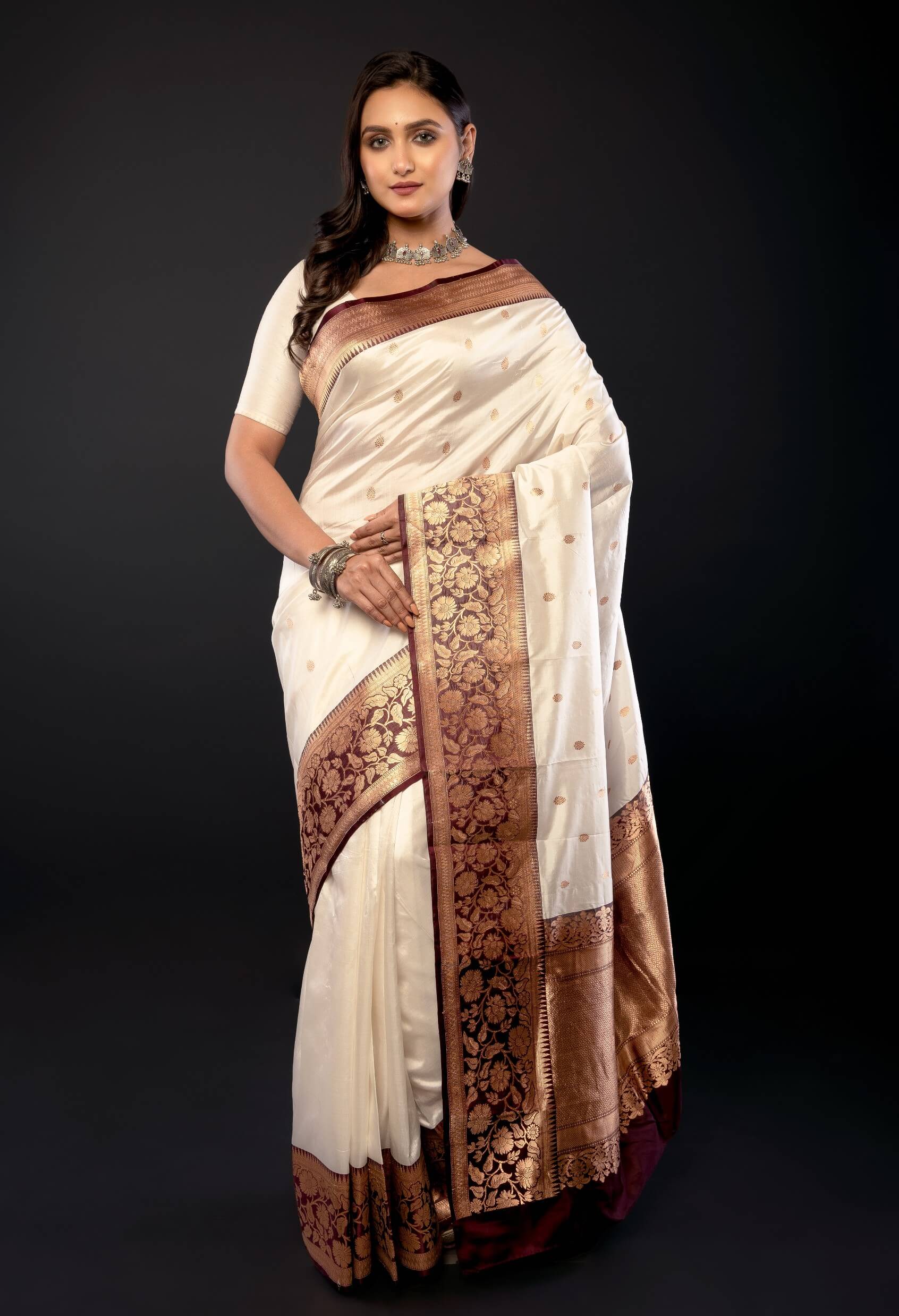 White Pure Katan Silk Saree with Contrasting Border - Anvi Couture
