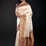 White Pure Katan Silk Saree with Contrasting Border - Anvi Couture