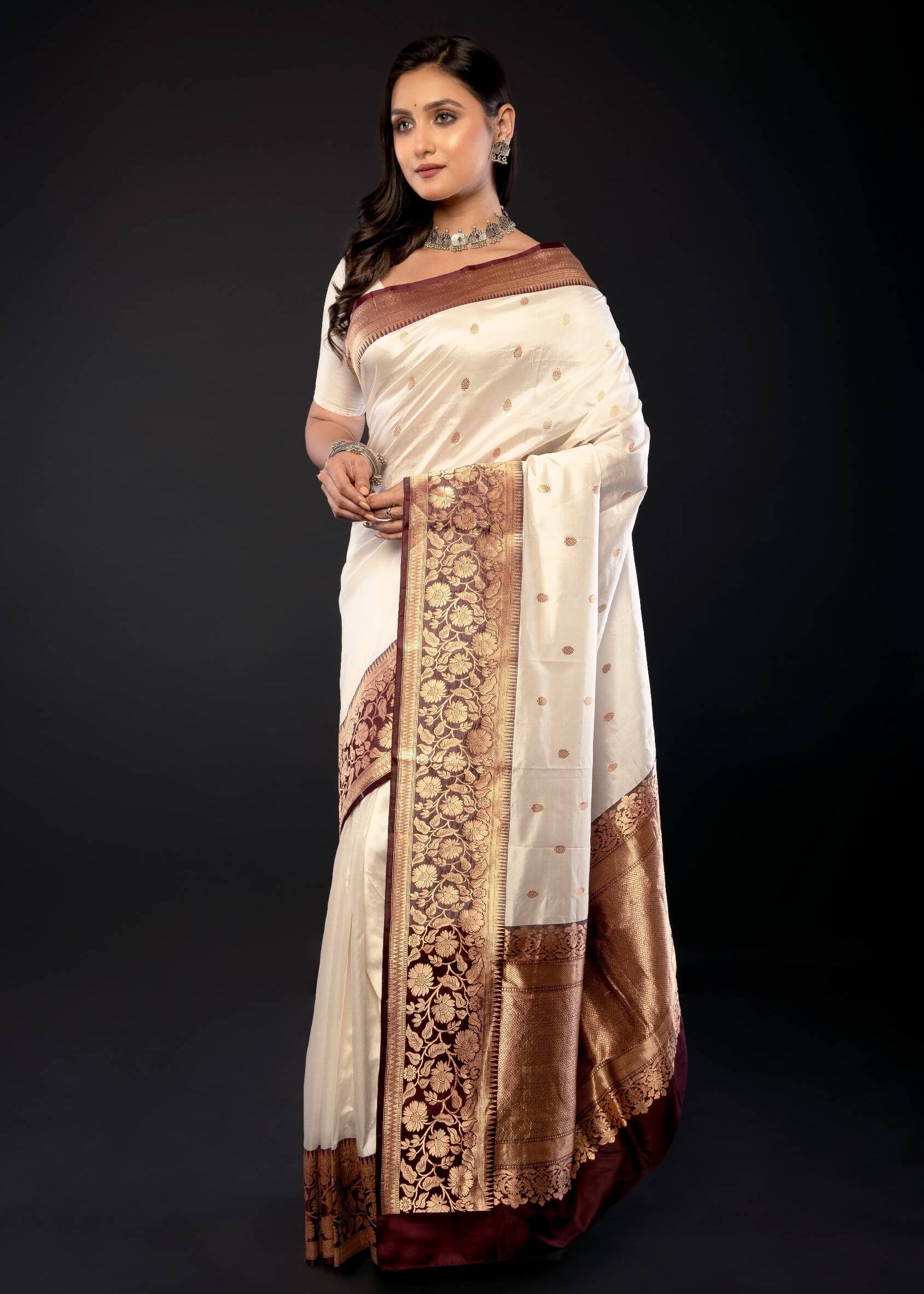White Pure Katan Silk Saree with Contrasting Border - Anvi Couture