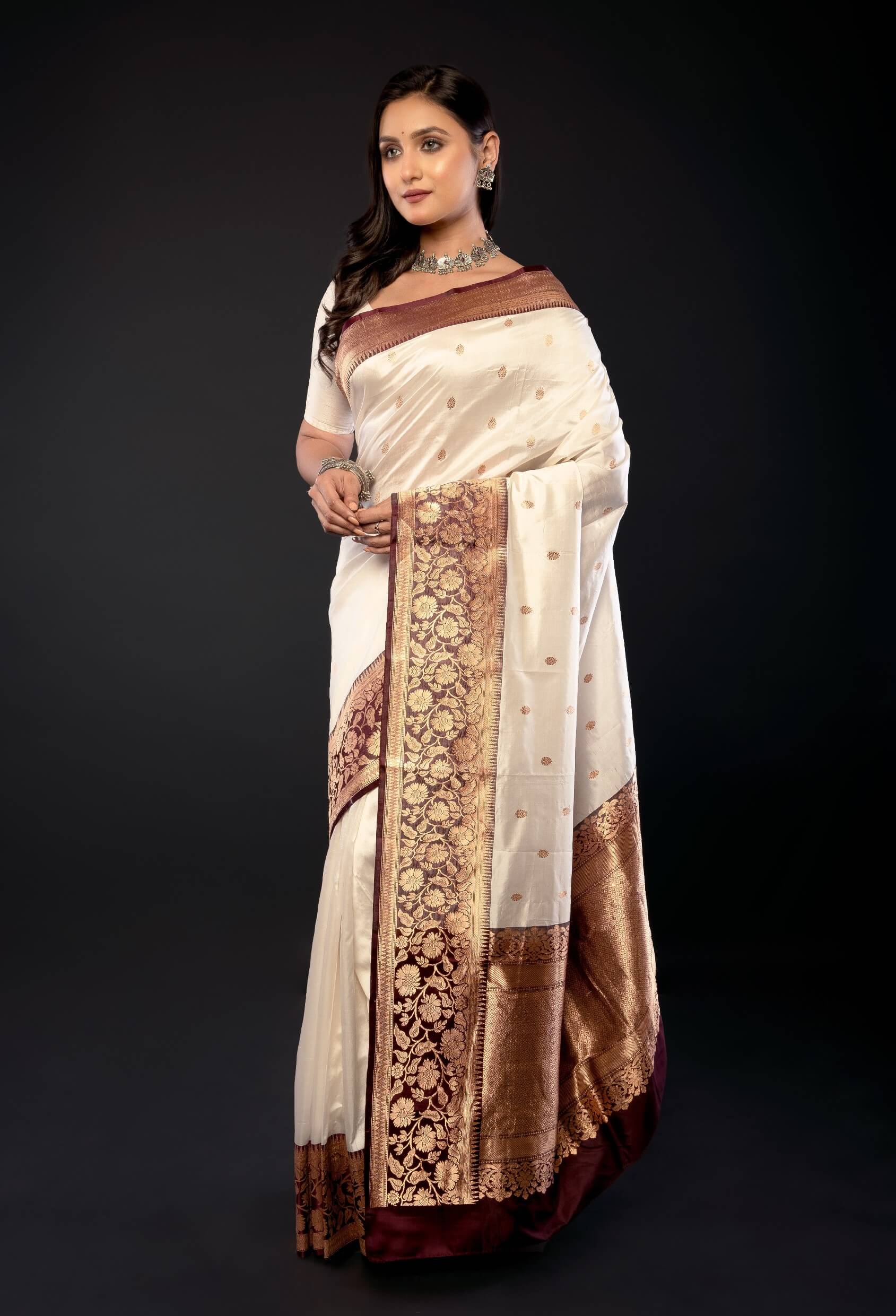 White Pure Katan Silk Saree with Contrasting Border - Anvi Couture