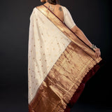 White Pure Katan Silk Saree with Contrasting Border - Anvi Couture