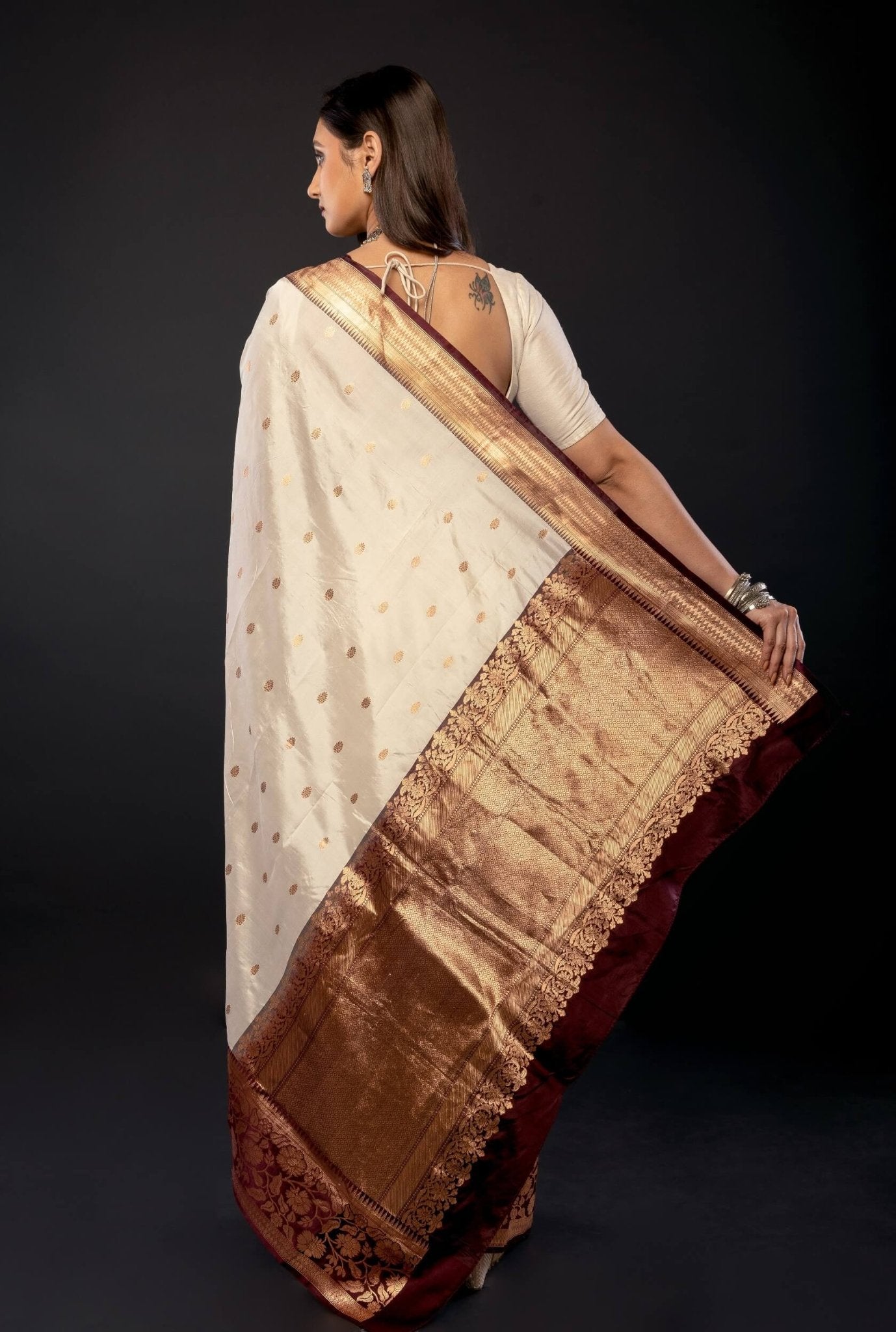 White Pure Katan Silk Saree with Contrasting Border - Anvi Couture