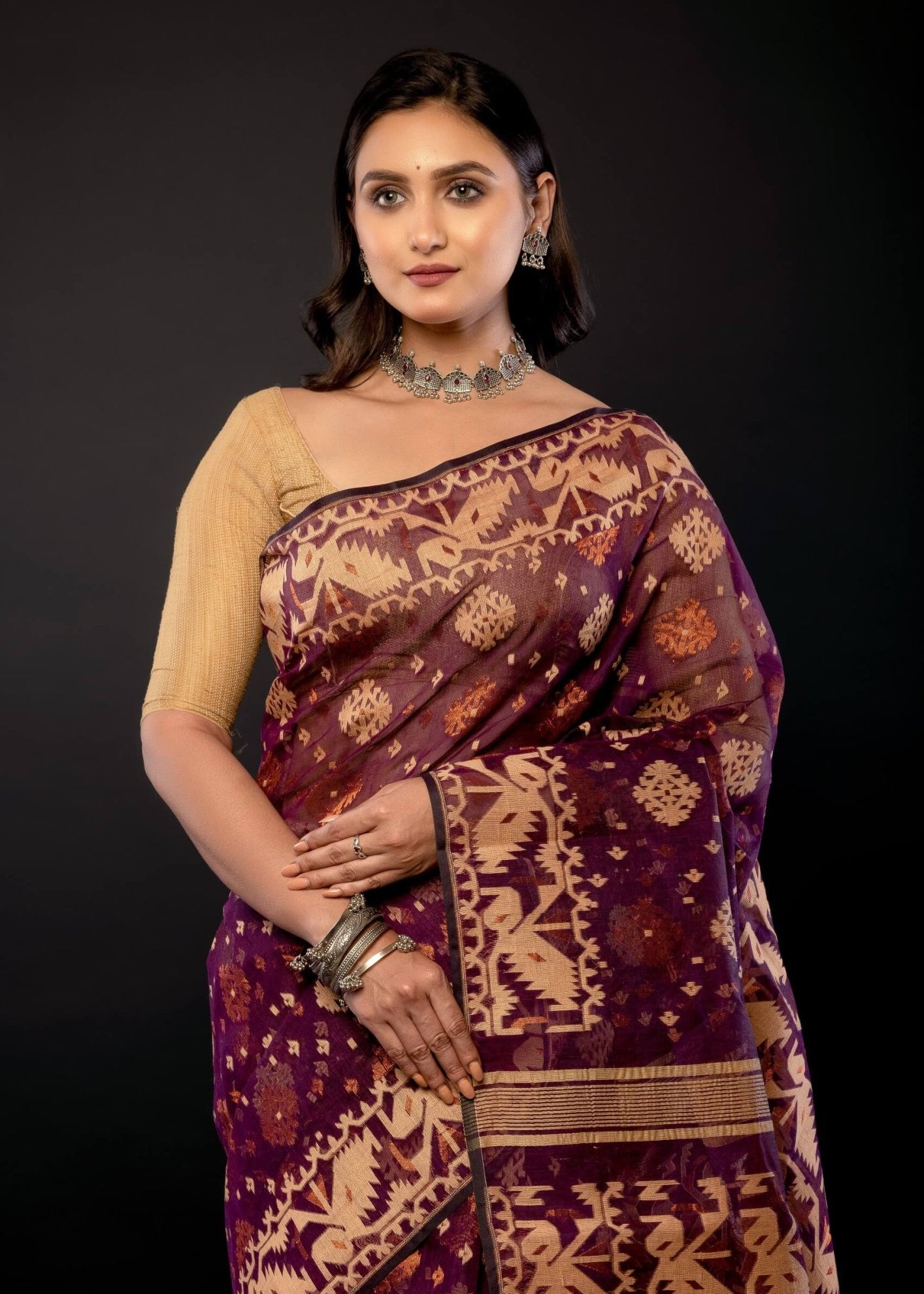 Purple Bangladeshi Dhakai Jamdani with all over Jaal work - Anvi Couture