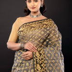 Black and Beige Bangladeshi Dhakai Jamdani with all over Jaal work - Anvi Couture